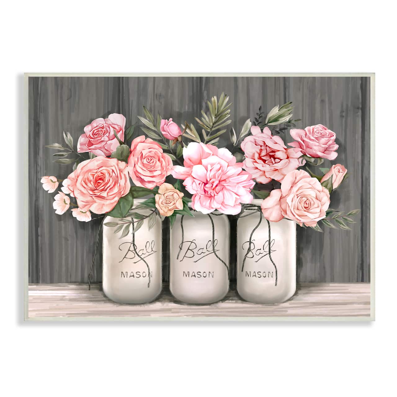 Stupell Industries Blossoming Pink Rose Bouquets Rustic Country Jars Wall Plaque